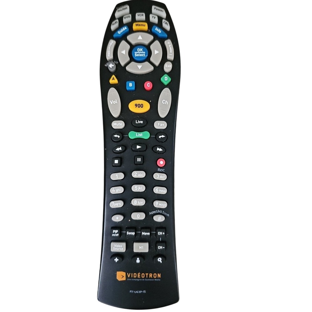 Videotron RT-U63P-15 Universal Remote Control Black Backlit PVR TV CBL‎ DVD VCR